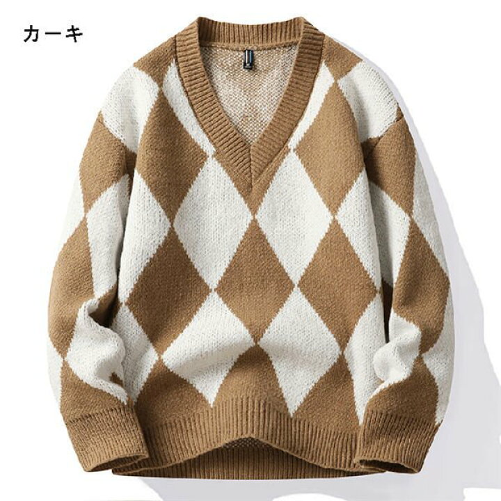トーダー）チェック柄 Vネックニット メンズ セーター ゆったり かまわ 