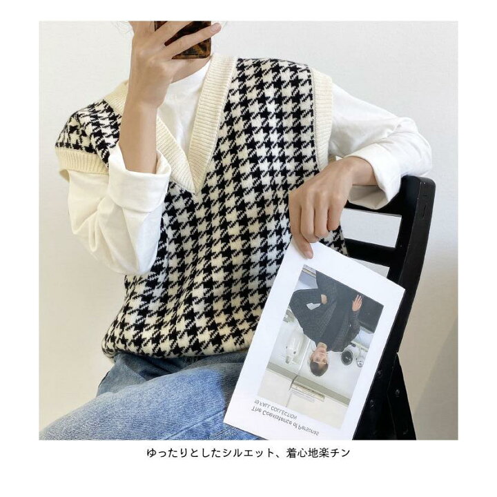 楽天市場】千鳥格子 レディース ニットベスト チェック柄 千鳥 柄 