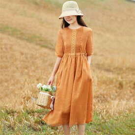 「スーパーSALE10%OFF」 ロングワンピース ワンピース レディース リネンワンピース 夏 夏服 ワンピ 女性 丸首 花柄 綿麻 半袖 ポケット付き マキシ丈 ロング丈 ゆったり くびれ 体型カバー 無地 きれい