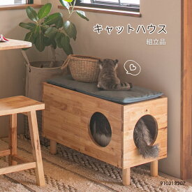 キヤットハウス2 木製 NS0143AC 猫 キャットハウス おしゃれ ナチュラルインテリア 省スペース ラバーウッド材 自然素材 天然木 木製 シンプル 北欧風 家具調 組立 大型猫対応 クッション付き