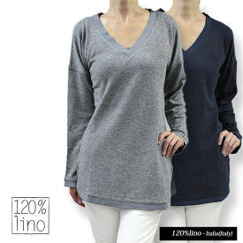 【送料無料】 120%lino 120%リノ チュニック ニット セーター 長そで Vネック グレー/ネイビー(紺)SIZE：S/M (120lino_051201) 【smtb-k】【kb】