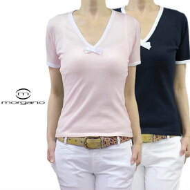 【送料無料】 モルガーノ 半そで ニット セーター Vネック コットン 綿 ピンク/ネイビー(紺) SIZE：42(7号)/44(9号) (morgano-3560202)【★】