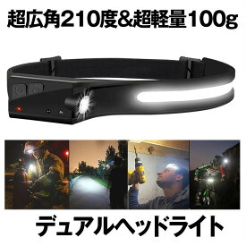 【送料無料】 ヘッドライト 超広角 照射 充電式 USB LED デュアル ヘッドランプ 5種点灯モード 100g 軽量 アウトドア用 防水 釣り 登山 作業灯 懐中電灯 防災 DRYTO