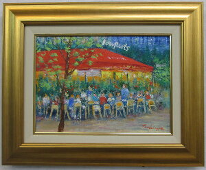 「パリのカフェ」土屋茂（F4サイズ油彩画[油絵]・外国風景画・フランス・パリ・ゴールド額[絵画通販]【壁掛けフック付き】【絵のある暮らし】