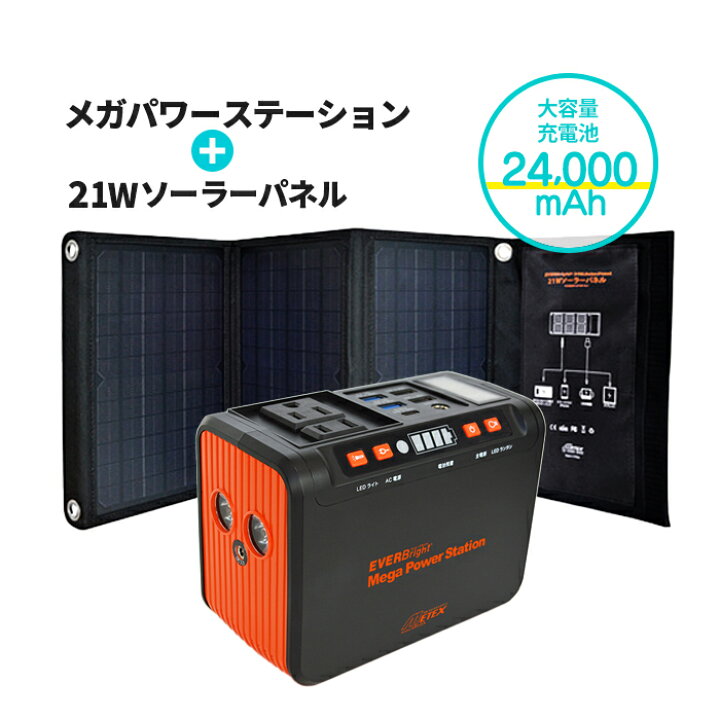 エバーブライト メガパワーステーション＋21Wソーラーパネル付き 家庭用 停電 大容量 消火器・非常食・防災 くらし館