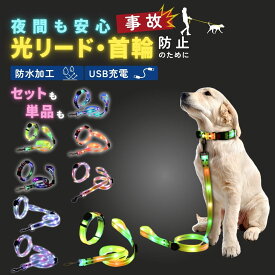 犬用 光る首輪 光るリード 首輪 リード セット LEDライト お散歩ライト 犬用品 散歩グッズ ペット首輪 充電式 USBケーブル付 安全 夜間 散歩 おしゃれ 小型犬 中型犬 大型犬 ペット用 夜光 首輪 リード