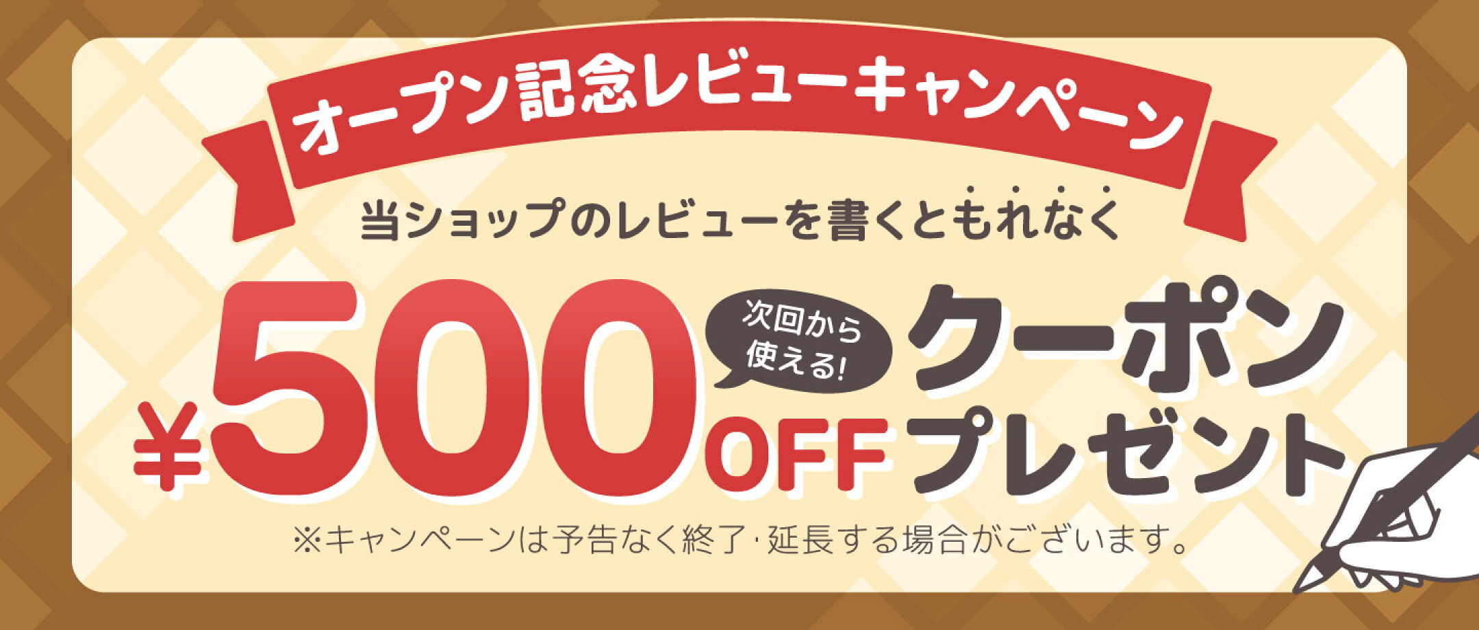 オープン記念！レビューを書くともれなく500円クーポンプレゼント