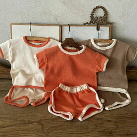 送料無料 ベビー服 上下セット ベビー夏服 セットアップ 半袖Tシャツ＆ショーツセット コントラストカラー 縁取り ワッフル仕様 パジ