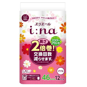 エリエール イーナ トイレットペーパーフラワープリント2倍巻き 46m×12ロール ダブル パルプ100% 華やぐフローラルの香り 大王製紙 トイレットティシュー パルプ 長持ち 2倍巻き フラワー フ