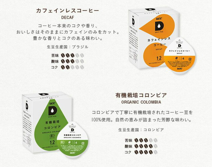 楽天市場】【6箱セット】UCC ドリップポッド専用カプセル 12杯分 送料無料 コーヒー UCC ドリップポッド 珈琲 ブレンドコーヒー DRIPPOD カプセル コーヒーメーカー ドリップコーヒー 紅茶 お茶 アールグレイ ジャスミン茶 煎茶 全12種【D】 : 暮らし健康ネット館 楽天市場】【6箱セット】UCC ドリップポッド専用カプセル 12杯分 送料無料 コーヒー UCC ドリップポッド 珈琲 ブレンドコーヒー DRIPPOD カプセル コーヒーメーカー ドリップコーヒー 紅茶 お茶 アールグレイ ジャスミン茶 煎茶 全12種【D】 : 暮らし健康ネット館