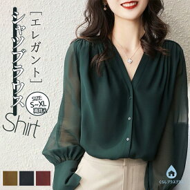 【48H限定500円クーポン】シフォンシャツ ブラウス レディース 長袖 Vネック 透け感 オフィス OL 通勤 無地 薄手 光沢感 インナー 春夏 秋 韓国ファッション カジュアル かわいい 魅力的 大人 キレイめ エレガント 上品 ナチュラル 大きいサイズ お呼ばれ