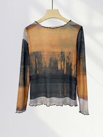 Tシャツ レディース カットソー インナー シアー トップス 長袖 シースルー メッシュ 透け感 ネット フリル メロウフリル タイダイ柄 染め 総柄 UVカット 日焼け防止 薄手 伸縮性