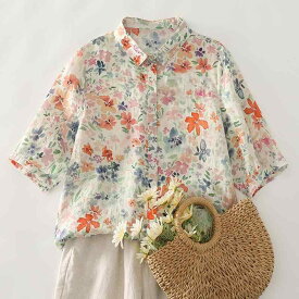 ブラウス レディース 半袖 トップス 春夏 フレンチスタイル 植物柄 小花柄 爽やか レトロ 切り替えデザイン ゆったり 体型カバー 大きいサイズ 普段 カジュアル きれいめ ボタニカル柄