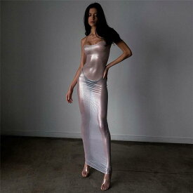 レディース 春夏 セクシー シースルー メッシュ シルバー 加工 スリム フィット ストラップ ワンピース フェス クラブ ナイト ファッション 透け感 ボディコン ドレス 軽量 素材 伸縮性