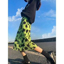 スカート レディース 春夏 ヒョウ柄 プリーツ ストレート ハイウエスト Aライン 蛍光グリーン コントラストカラー スリム効果 伸縮性 軽量 普段使い
