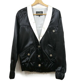 【中古】シャネル CHANEL No.5 ボタン ブルゾン 38 ブラック×ホワイト レディース【質屋鑑定品】