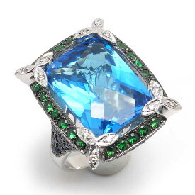 【中古】ブルートパーズリング 約11号 750WG・トパーズ12.14ct・サファイア・ガーネット【質屋鑑定品】