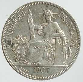 フランス領インドシナ貿易銀　1ピアストル銀貨1907年極美品