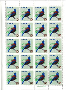 【切手シート】鳥シリーズ　るりかけす　10円20面シート　昭和38年（1963）