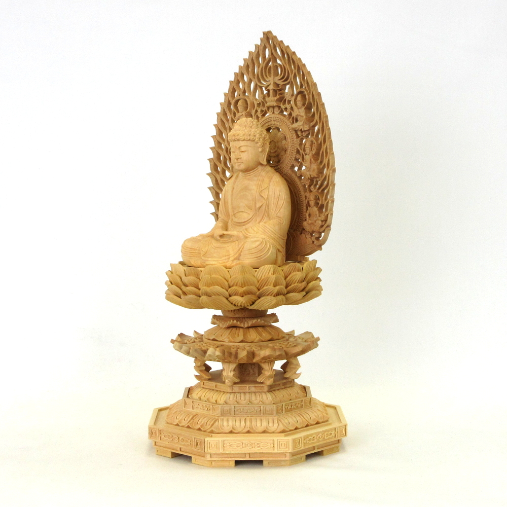仏像 釈迦如来 座像 2.5寸 飛天光背 八角台 総高26cm 柘植 - 仏壇