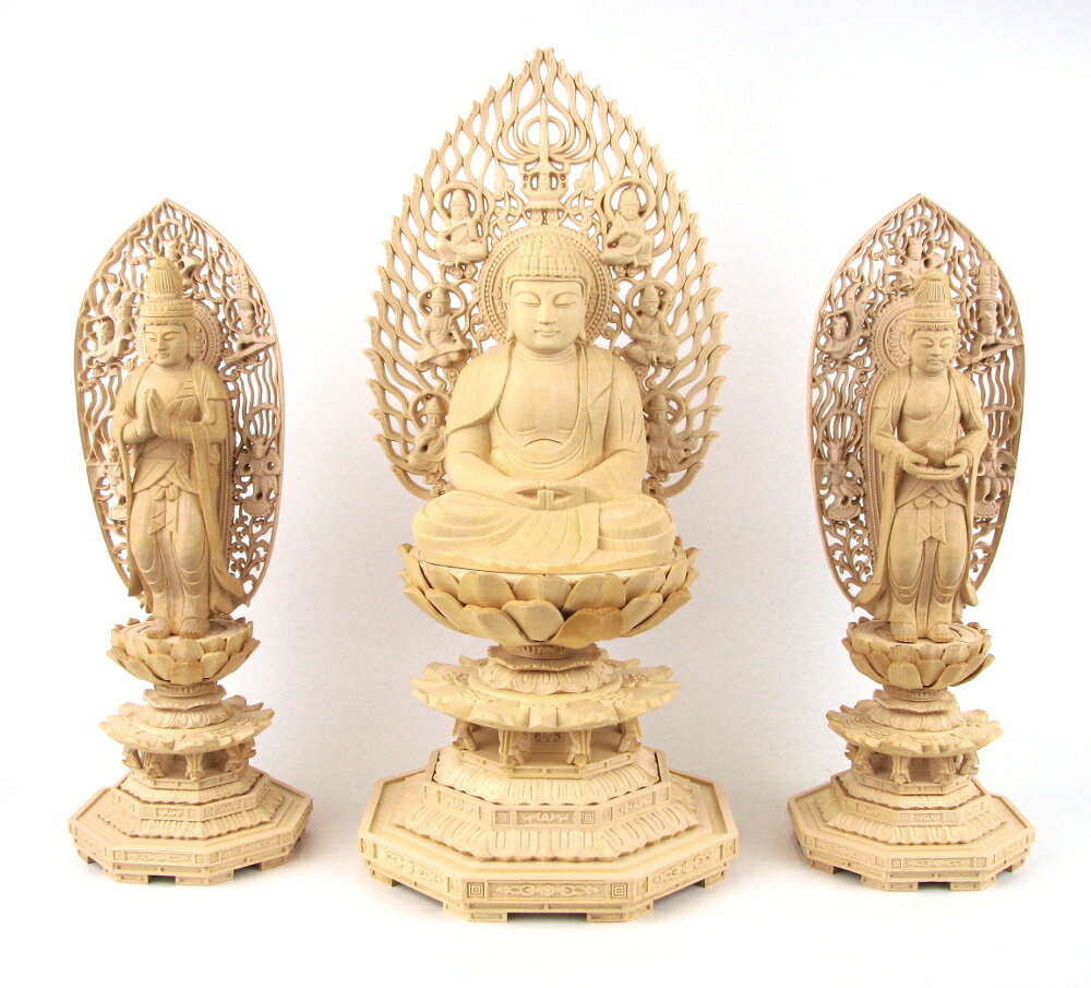 仏像 阿弥陀三尊 （阿弥陀3.5寸飛天光背八角台、観音勢至2.0寸飛天光背