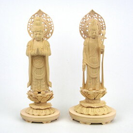 仏像 聖観音菩薩（蓮華持） 勢至菩薩 立像 4.0寸 一対 宝珠光背 円台 桧木 観音像 観音菩薩 木彫り仏像 観音様 仏像 菩薩像 仏像彫刻 脇侍 聖観音 木彫り ゾウ 木の置物 木のオブジェ 木製 仏具 立像 菩薩立像 観音立像