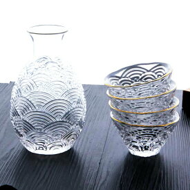 日本酒 おしゃれ ぐい呑み おちょこ 冷酒 杯 熱燗 セット 焼酎 透明 とっくり 和風 6点セット 酒器 ゴールドライン 北欧 父の日 父 盃 ガラス お猪口 グラデーション クリア セット ぬる燗 和酒 波模様 徳利 温め