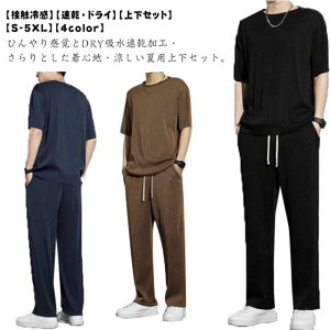 冷感 上下セット メンズ アイスシルク 半袖Tシャツ+ロングパンツ ひんやり 夏用 セットアップ 吸汗 速乾 ストレッチ ドライ ジャージ 運動着 軽量 無地 春 夏 秋 スポーツ アウトドア ルーム
