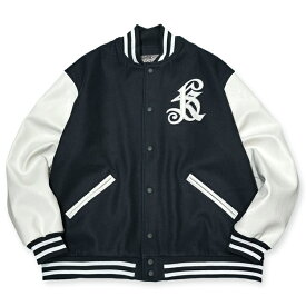 定価39600円 20%OFF / KUSTOMSTYLE カスタムスタイル KSHWJ2213NYWH "ARCHED LOGO" MELTON VARSITY JACKET NAVY/OFF WHITE バーシティジャケット スタジアムジャケット