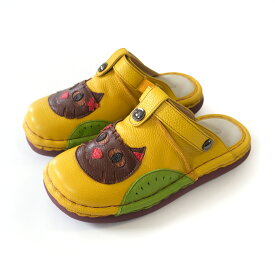 サンダル 歩きやすい 履きやすい サンダル サボシューズ 牛革 コンフォート ストラップ 猫モチーフ フィールド Estacion 4センチヒール 2WAY レディース 脱げない 4E イエロー ホワイト 軽量 軽い 天然皮革 スリッパ バックストラップ アニマル