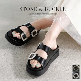 サンダル 履きやすい 歩きやすい 厚底 ビジュー バックル ダブルベルト コンフォート 5センチヒール ビッグバックル レディース ビジュー 美脚 ブラック 22.5 25.0 春夏 カジュアル ワンマイルシューズ オシャレ スポーツサンダル 黒