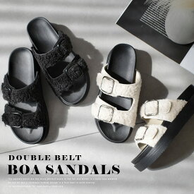 サンダル 歩きやすい 痛くない ダブルベルト 厚底 ボア ファー バックル 5センチヒール 美脚 レディース 快適 滑らない ブラック ホワイト 22.5 25.0 秋冬 疲れない コンフォート モノトーン 大きいサイズ プラットフォーム