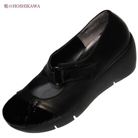 【靴のHOSHIKAWA】 『Dona Miss 3791』ドナミス パンプス21.5cm～24.5cm EEEブラック レディースウェッジソール ベルクロ幅広 牛革 国産