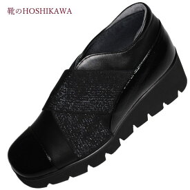 【靴のHOSHIKAWA】 『A-OK 7942』エーオーケー ブラック22.5cm～24.5cm EEEEブーティー レディースエナメル スクエアトウ牛革 国産 厚底 幅広