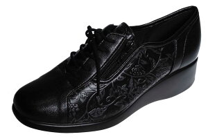 【靴のHOSHIKAWA】 『後藤産業 3570』21.5cm〜24.5cm EEEレースアップ カジュアルウェッジソール ファスナーブラック レディース日本製 合皮