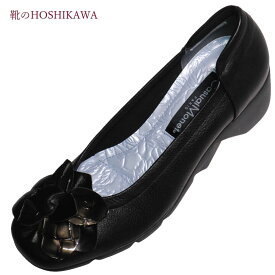 【靴のHOSHIKAWA】 『MONET 881306』モネ パンプス21cm～24.5cm EEE レディースブラック ウェッジソールエナメル フラワー日本製 天然皮革