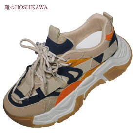 【靴のHOSHIKAWA】 『Fashion po71』厚底スニーカーS M L 2L レディースベージュ厚底 レースアップ靴紐が二本