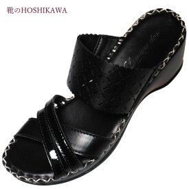 【靴のHOSHIKAWA】 『Lumiere dor 7079』リュミエールドール サンダルS M L 2L レディースブラック オープントゥウェッジソール ミュール合皮 春夏