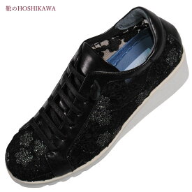【靴のHOSHIKAWA】 『hatchi 2427』ハッチ レザースニーカー21.5cm〜24.5cm EEEEチュールレース 花柄レディース ブラック本革 国産 春夏