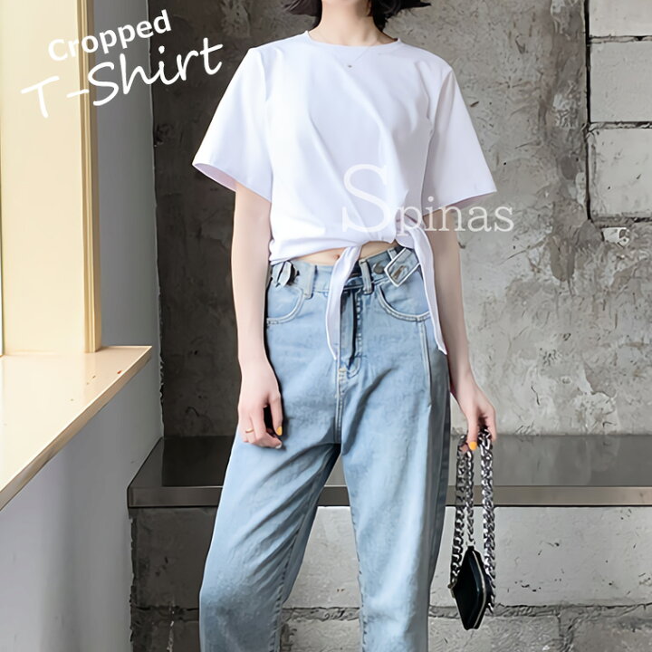 楽天市場】トップス クロップド Tシャツ 半袖 レディース タイフロント 