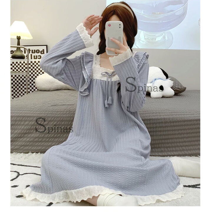 5XLサイズまで コットンレースが清楚なお嬢様風 妖精みたい 長袖 大人可愛い 白レース フリル 制服風 アイドル ネグリジェ レディース パジャマ ワンピース ルームウェア 可愛い 柔らか ロング丈 ルームワンピース 靴下プレミアム