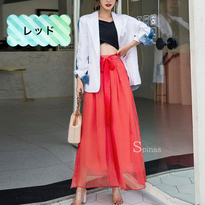 鮮やかカラー 大人かわいい シフォン ワイドパンツ ガウチョパンツ ふんわり 透け感 エアリー 夏 サンダル ロング 靴下プレミアム ガウチョパンツ ハーフ丈 ワインレッド