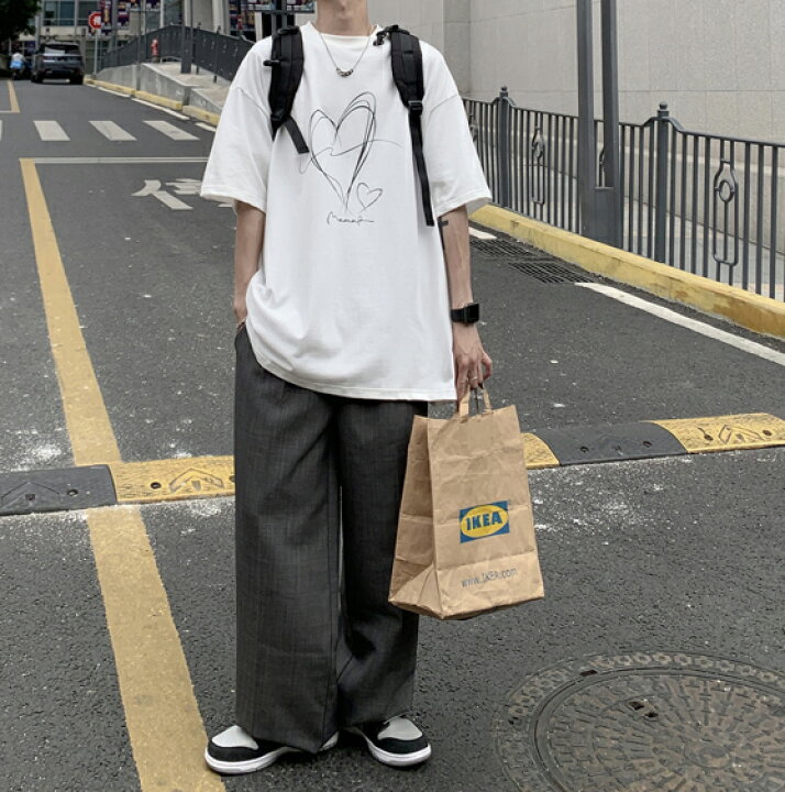 楽天市場 ネオストリートスタイル メンズ 手書き風 ハート ロゴ Tシャツ 半袖 ゆったりトップス 春夏 ドロップショルダー 靴下プレミアム