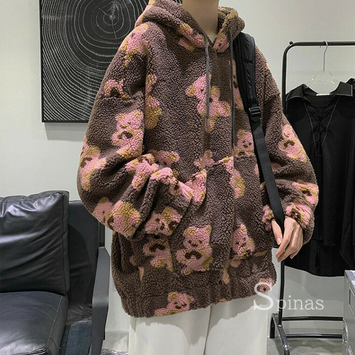 楽天市場 かわいい系男子に あったかボア ゆったりオーバーサイズ 韓国ファッションフリース パーカー ペアルック 長袖 ラウンドネック ファッション プリント くま テディ ベア プルオーバー ニット メンズ レディース 靴下プレミアム