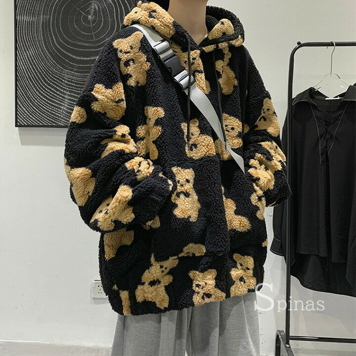 楽天市場 かわいい系男子に あったかボア ゆったりオーバーサイズ 韓国ファッションフリース パーカー ペアルック 長袖 ラウンドネック ファッション プリント くま テディ ベア プルオーバー ニット メンズ レディース 靴下プレミアム