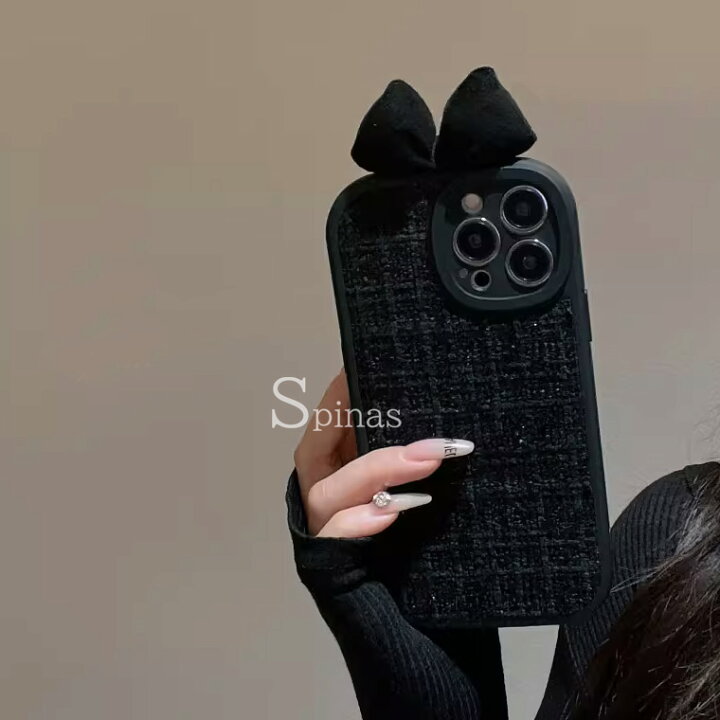 楽天市場】3Dリボン付き ツィードブラックがお洒落 iphone15対応 黒  
