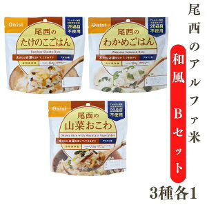 非常食 尾西のアルファ米 和風Bセット 3種各1個 スプーン付 ゆうパケット 【お届日時指定不可】 【お届け不可地域:北海道・沖縄・離島】 わかめ 山菜おこわ たけのこ お湯 水だけ 簡単 防
