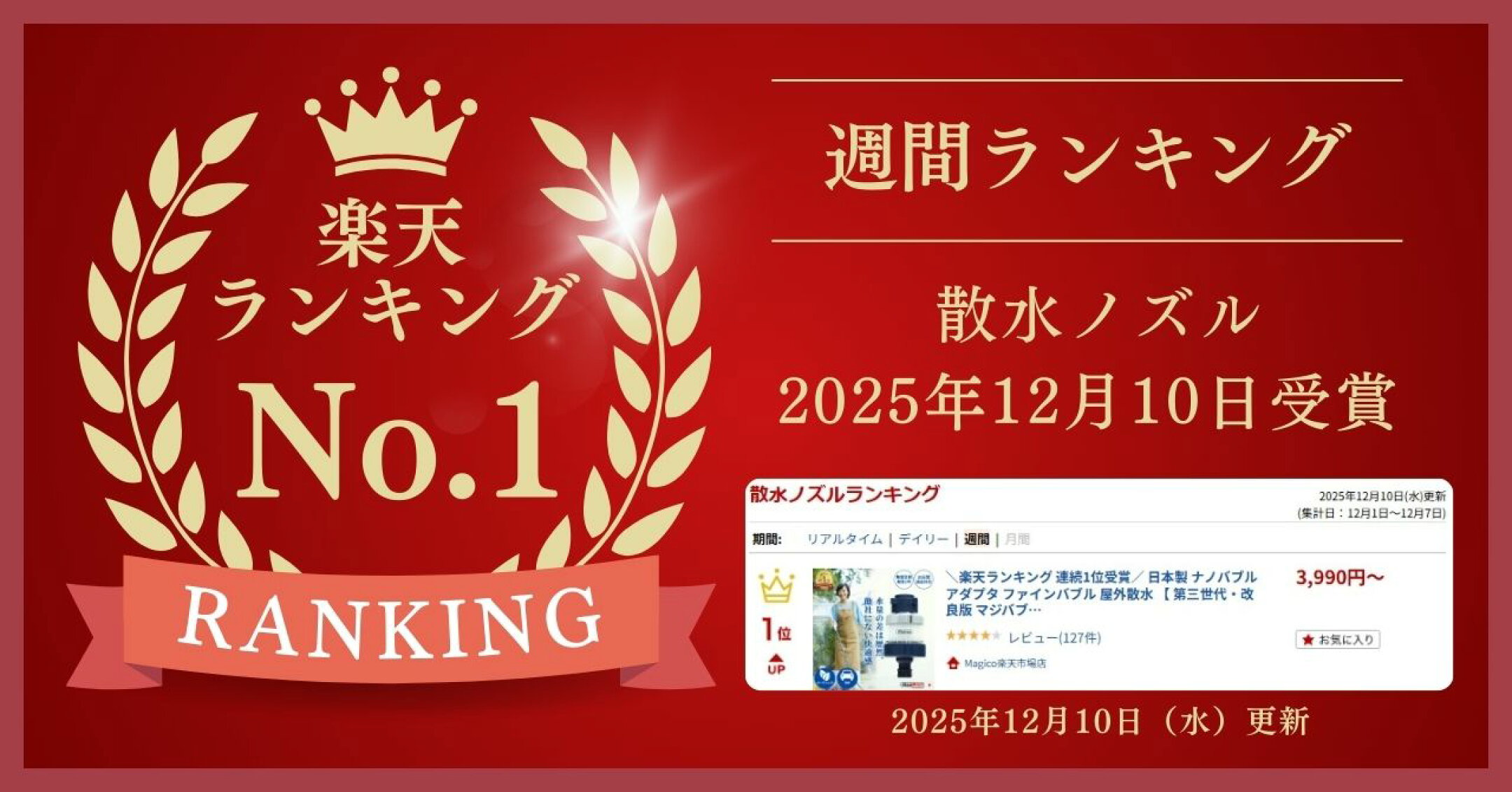 楽天市場ランキング 散水ノズル部門 週間でNo.1。更新日：2025年12月10日、集計期間：2025年12月1日〜12月7日。受賞バナー画像。