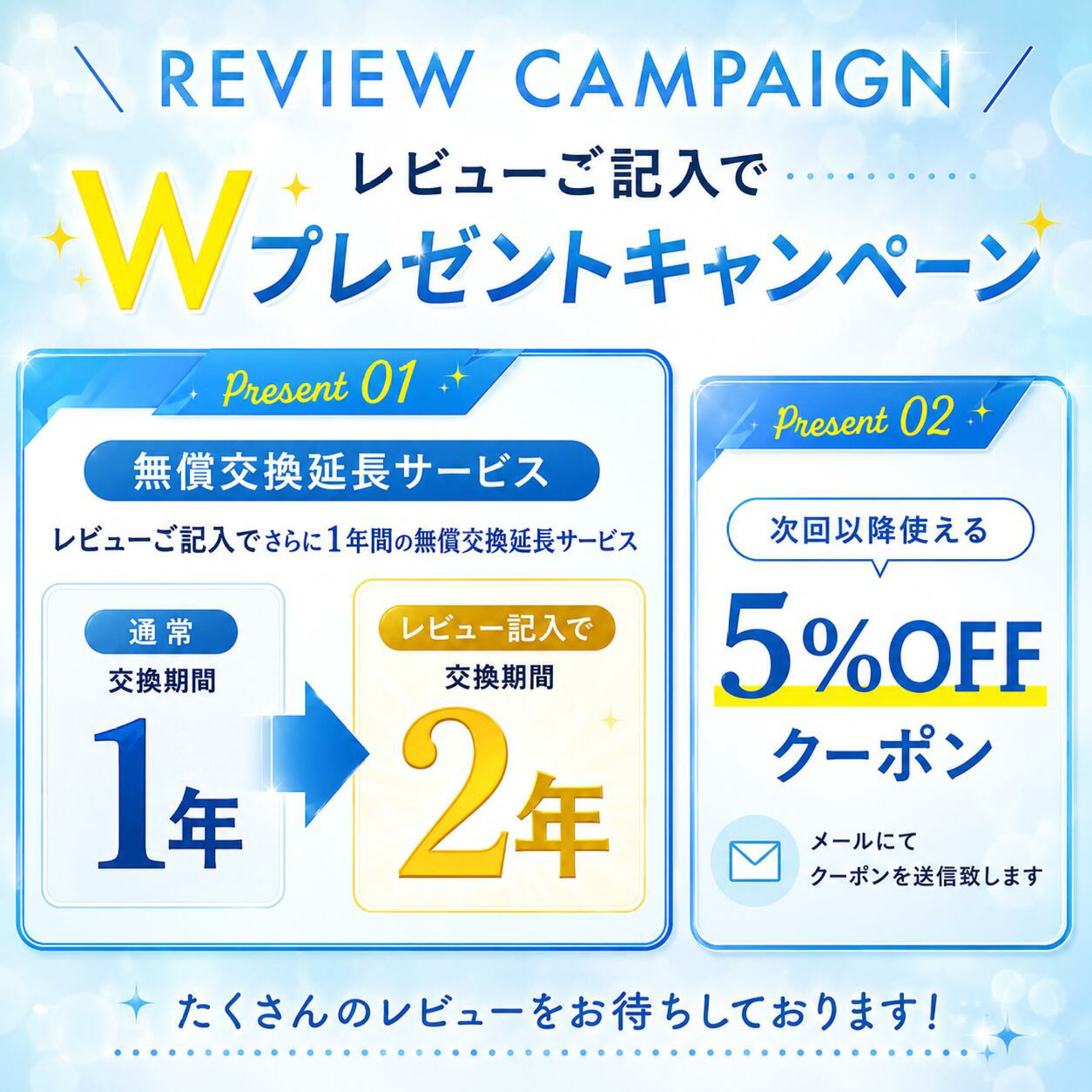 マジバブルシリーズのレビュー投稿キャンペーン案内。無償交換期間を通常1年から2年へ延長し、次回以降使える5％OFFクーポンをメールで進呈する特典画像。