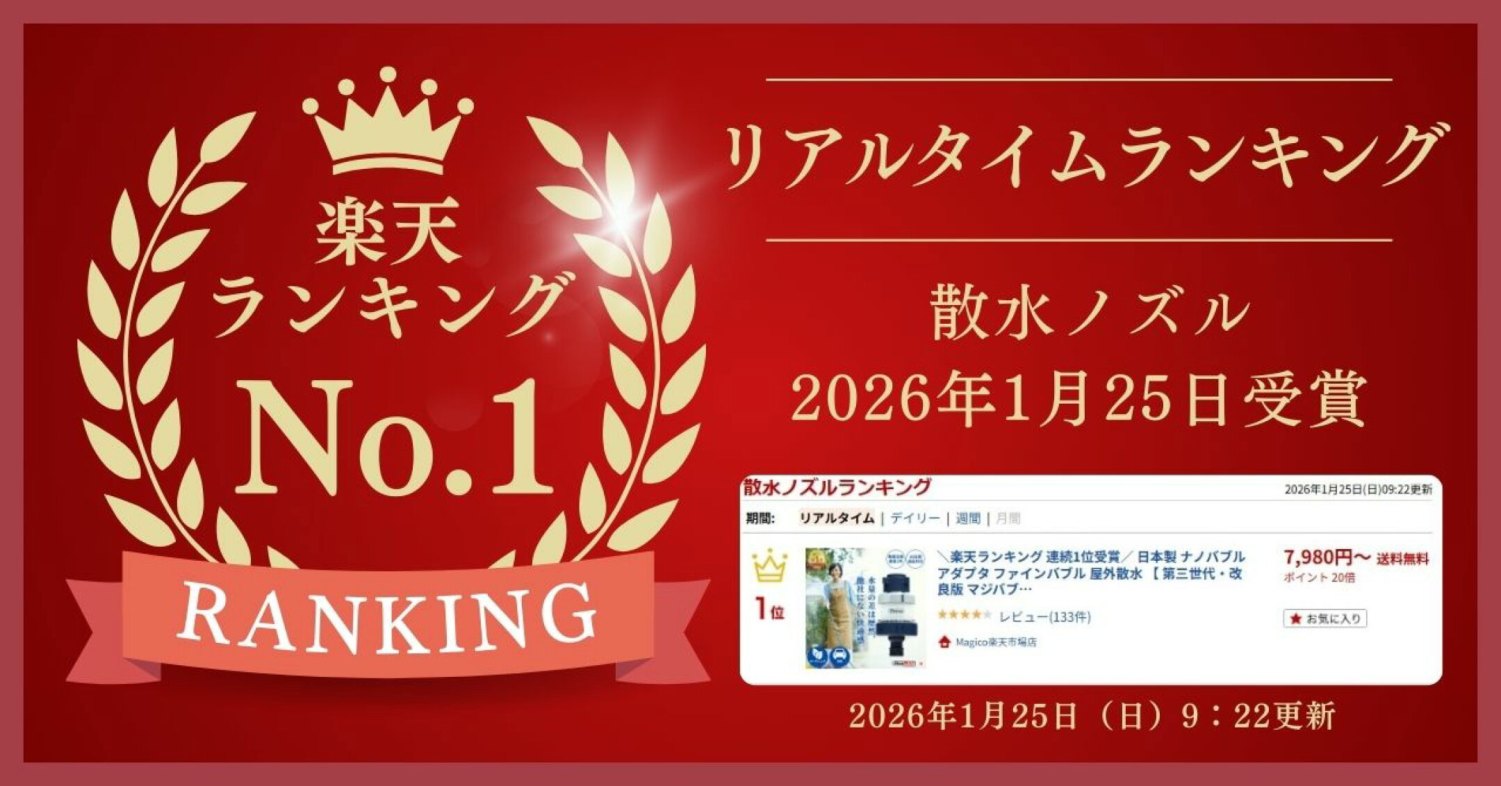 楽天リアルタイムランキング 散水ノズル部門で1位を獲得した実績画像。2026年1月25日更新時点のランキング結果。Magico楽天市場店
